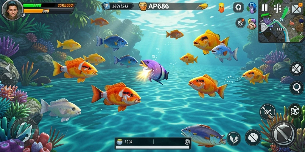 Screenshot AP686 menampilkan gameplay seru dalam Tembak Ikan.