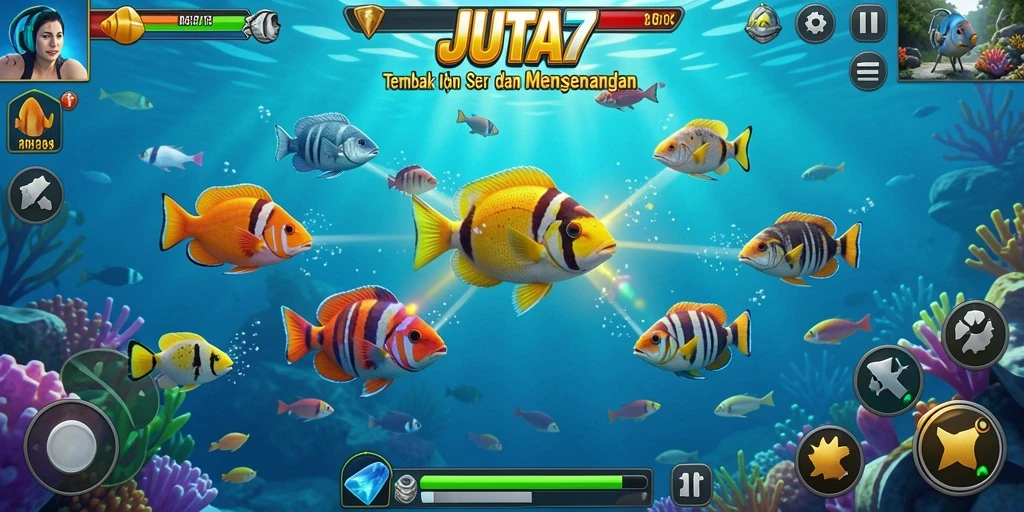 Screenshot gameplay JUTA7 menampilkan aksi menembak ikan yang seru.