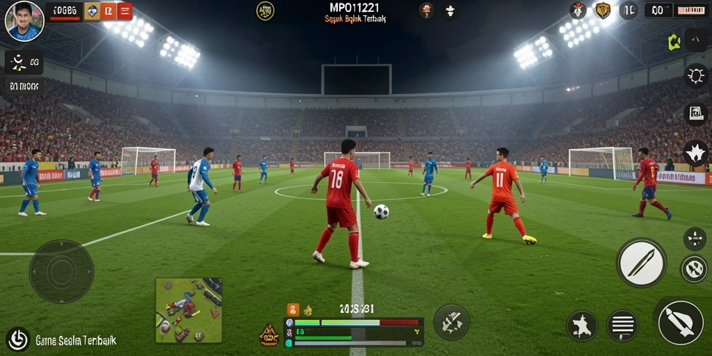 Screenshot MPO1221 memperlihatkan aksi seru di lapangan sepak bola.