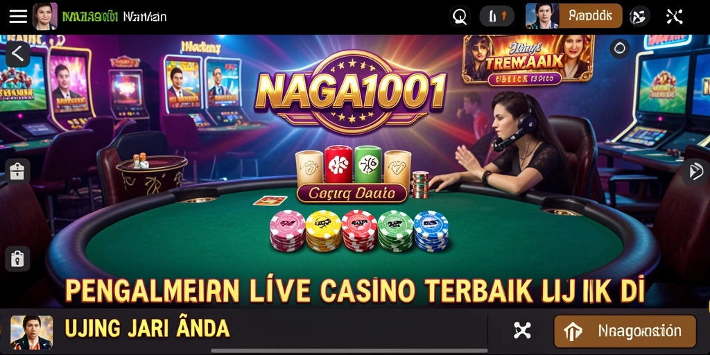Screenshot gameplay NAGA1001 menampilkan dealer langsung dan suasana kasino yang autentik.