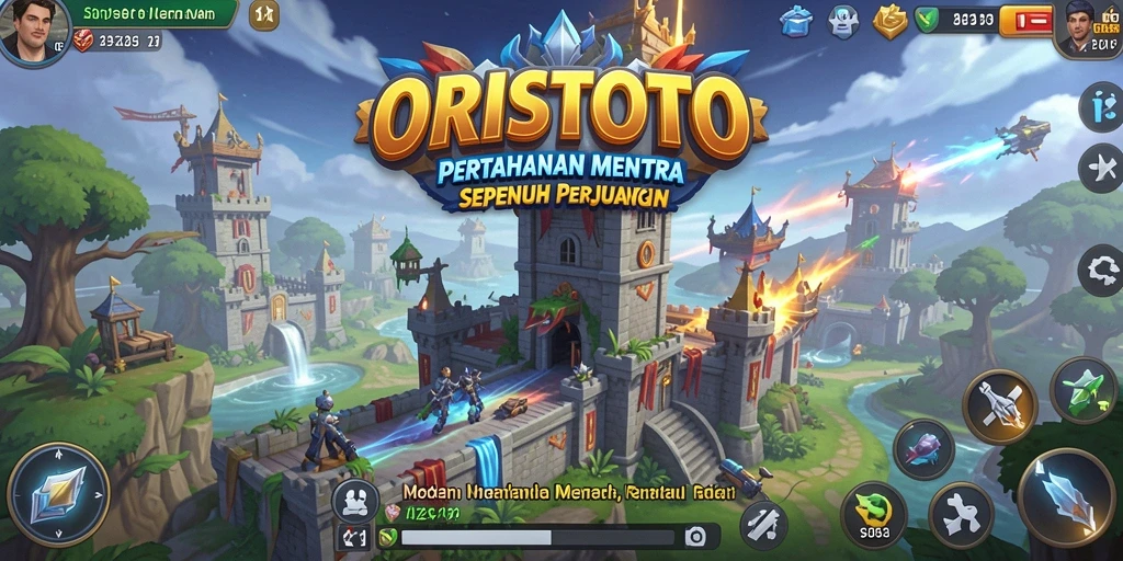 Tampilan gameplay menegangkan dari ORISTOTO saat menara bertahan melawan serangan musuh.