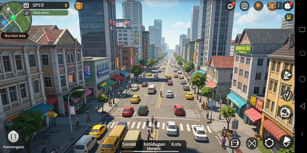 Tangkapan layar gameplay SP212 menampilkan kota yang dinamis dan interaktif.