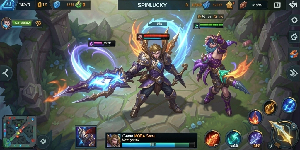 Tangkapan layar gameplay SPINLUCKY dengan pertarungan intens di arena.