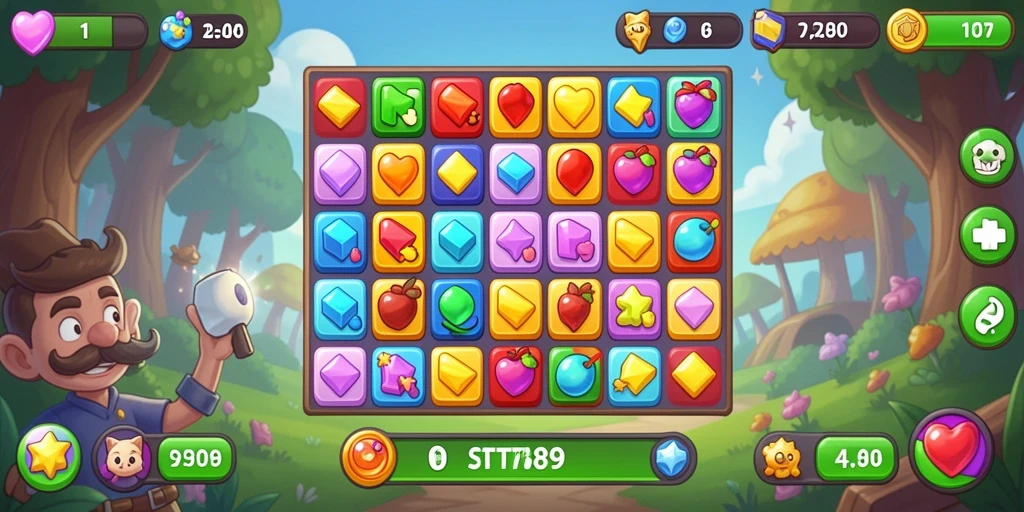 Screenshot ST789 menunjukkan gameplay Match-3 yang menarik dan penuh warna.