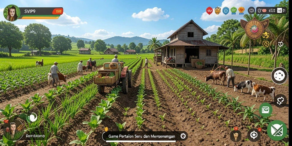 Tampilan gameplay SVIP9 menampilkan ladang yang luas dan beragam tanaman.