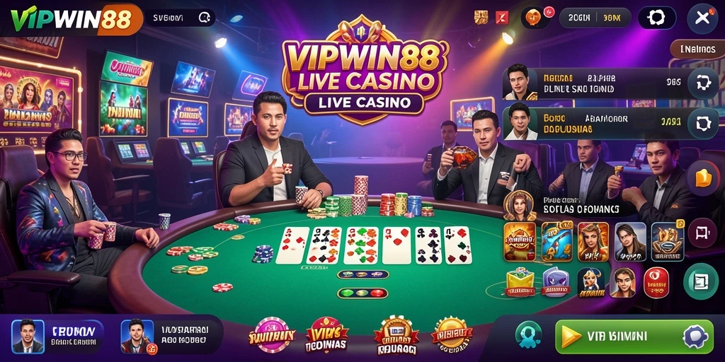 Screenshot utama VIPWIN88 menampilkan dealer live yang berinteraksi dengan pemain.